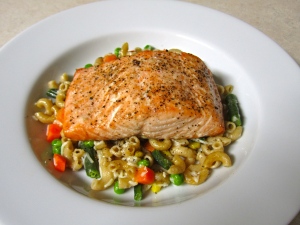 Baked Salmon over Pasta with Vegetables